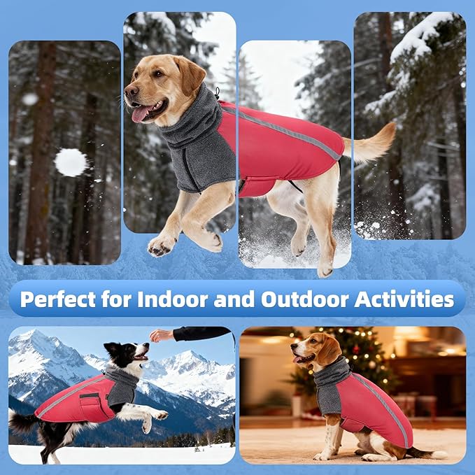 SlowTon Winter Dog Coat, Warm Polar Fleece Lining Doggie Outdoor Jacket with Turtleneck Scarf Reflective Stripe Adjustable Waterproof Windproof Puppy Vest Soft Pet Outfits (M,Red)