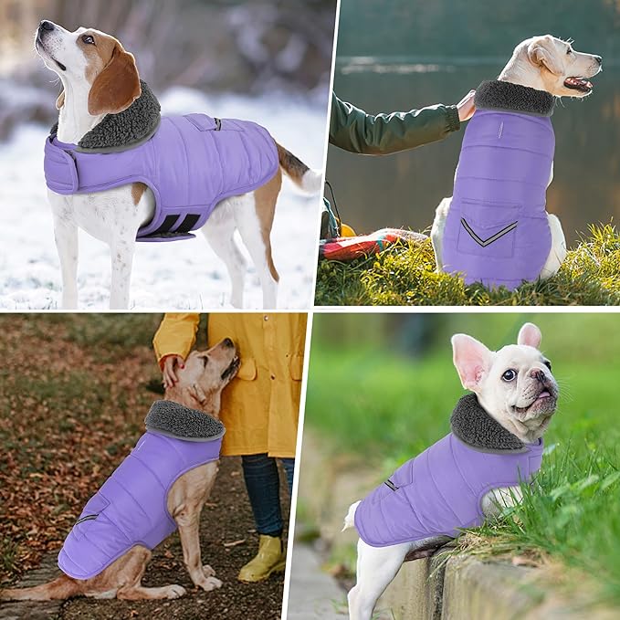 Dog Coat, Waterproof Dog Winter Jacket with Pocket, Reflective Adjustable Pet Snow Vest, Warm Cozy Fleece Sweater for Small Medium Extra Large Dogs - Light Purple, XL