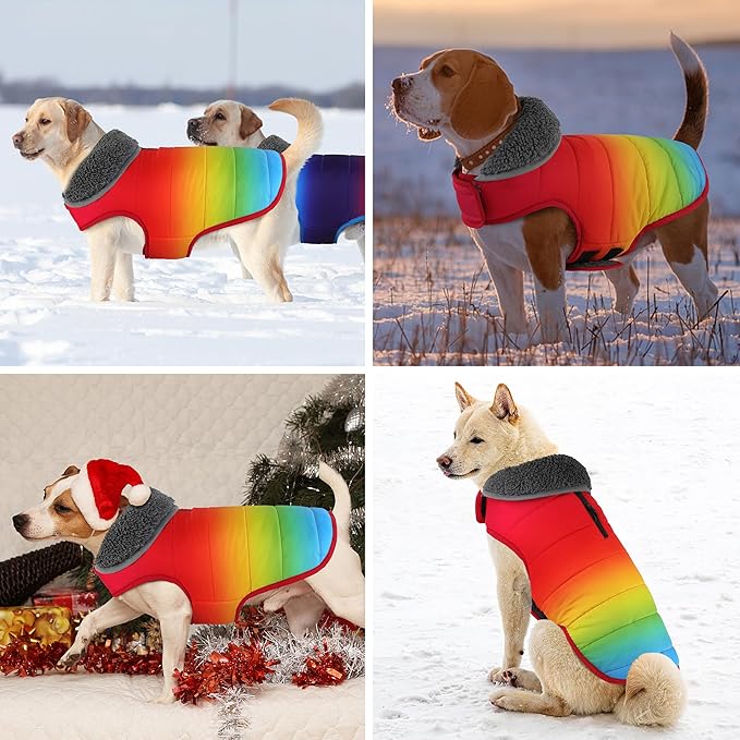 Dog Winter Coat, Waterproof Dog Jacket with Leash Hole, Reflective Adjustable Pet Snow Vest, Warm Fleece Sweater for Small Medium Large Dogs - Rainbow, S