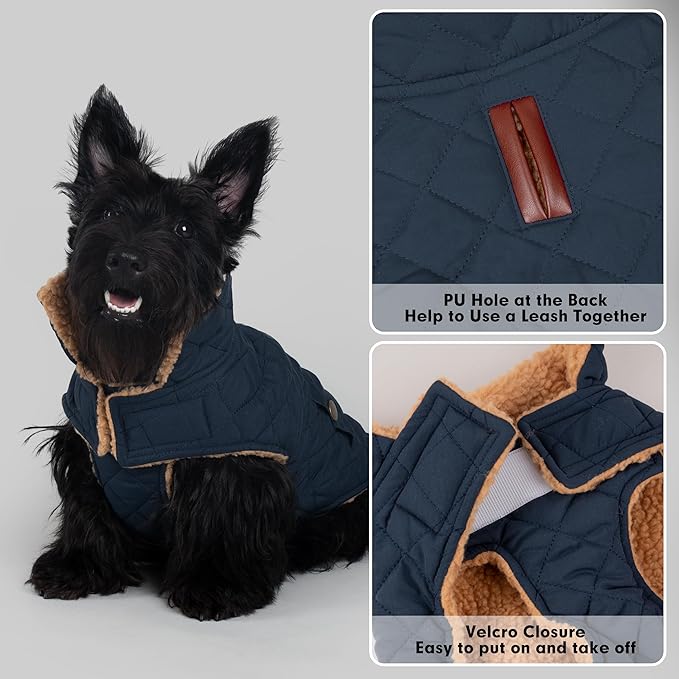 azuza Dog Jacket for Medium Dogs Waterproof & Windproof Dog Coat for Small Dogs with Thick Fleece, High Collar with Leash Hole, Adjustable Velcro & Elastic Belly, Navy 2XL