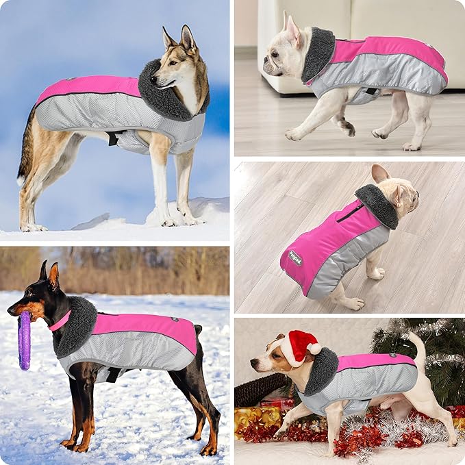 Dog Coat, Waterproof Ripstop Dog Winter Jacket with Leash Hole, Reflective Adjustable Warm Pet Fleece Snow Sweater for Small Medium Large Dogs - Pink, 3XL