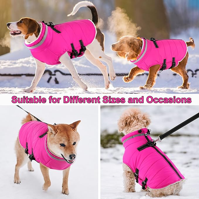 Dogcheer Dog Coat, Waterproof Dog Jacket with Harness, Reflective Adjustable Puppy Winter Coat with Zipper, Christmas Pet Snow Jacket Clothes for Small Medium Large Dogs - Pink M
