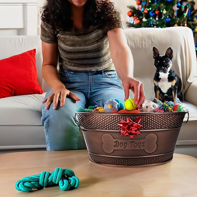 BREKX Indestructible Metal Dog Toy Bin - Copper Galvanized Storage Bin with Handles, Pet Storage Organizer - Ropes, Blankets, & Leashes, Bone Design Pet Toy Box (15-Quart)