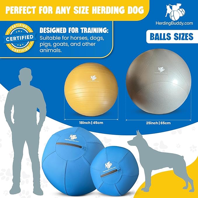 Herding Ball for Dogs - 18” Cover for Corgi, Collie, Cattle & All Herding Dogs Under 27 Pounds - Heavy Duty Dual Layered Cover - Thick Anti-Burst Inner Ball - High Flow Foot Pump