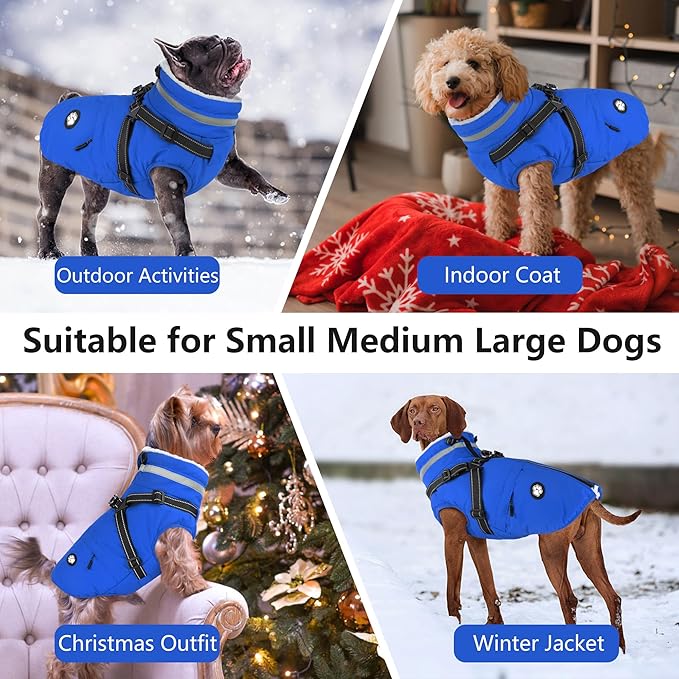 Dogcheer Dog Coat, Waterproof Dog Winter Jacket with Harness, Reflective Adjustable Doggy Cold Weather Coats, Christmas Pet Fleece Snowsuit for Small Medium Large Dogs - Blue, XS