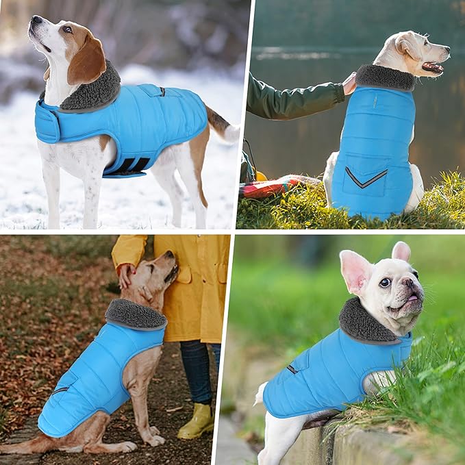 Dog Coat, Waterproof Dog Winter Jacket with Pocket, Reflective Adjustable Pet Snow Vest, Warm Cozy Fleece Sweater for Small Medium Extra Large Dogs - Sky Blue, 3XL