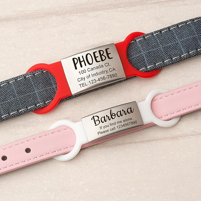 Anavia Slide On Silent Pet ID Tags, S/M/L/XL Personalized Multi-Color Silicone Band Cat Dog Name Tags, Customized Engraved Stainless Steel, Chew-Proof Quiet Dog Collar Tags (Small, Pink)