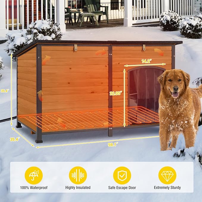 Aivituvin Heated Dog House Outdoor Extra Large 59" Dog Kennel with Insulation Liner Strong Iron Frame Construction Pet Cage with Insulted Liner Keep Warm in Winter Weatherproof Design, Heater Include