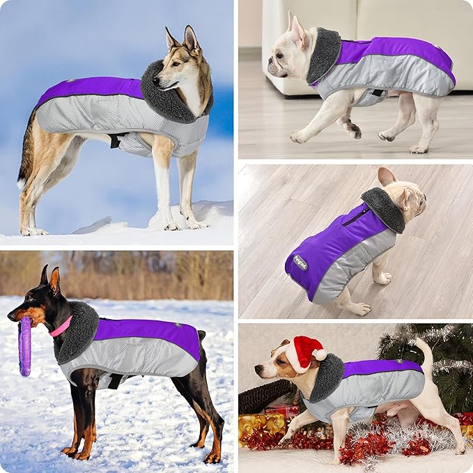 Dog Coat, Waterproof Ripstop Dog Winter Jacket with Leash Hole, Reflective Adjustable Warm Pet Fleece Snow Sweater for Small Medium Large Dogs - Purple, 2XL