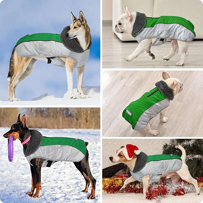 Dog Coat, Waterproof Ripstop Dog Winter Jacket with Leash Hole, Reflective Adjustable Warm Pet Fleece Snow Sweater for Small Medium Large Dogs - Green, 2XL