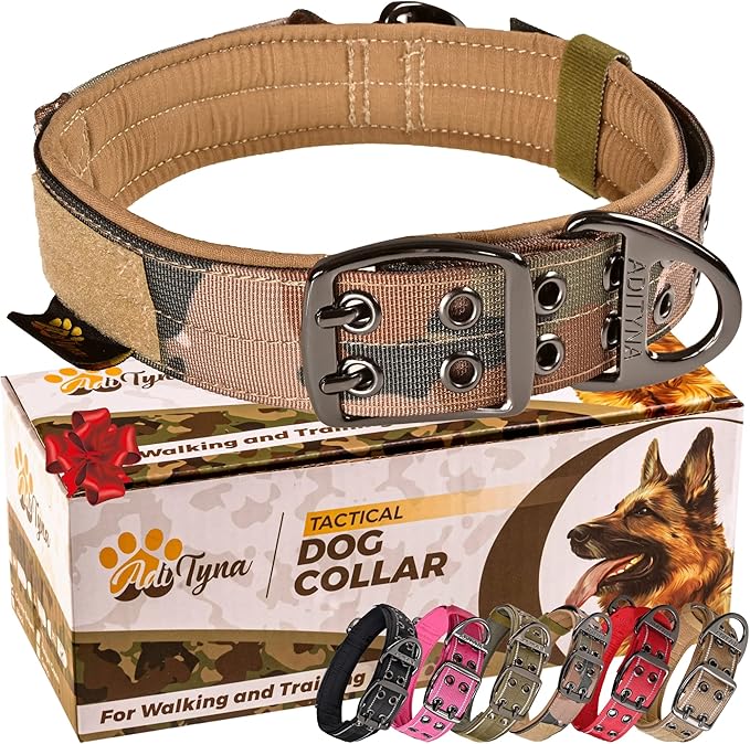 ADITYNA Heavy Duty Camo Dog Collar for Large Dogs - Collar with Handle for Training, and Walking - Wide, Thick, Tactical, Soft Neoprene Padded