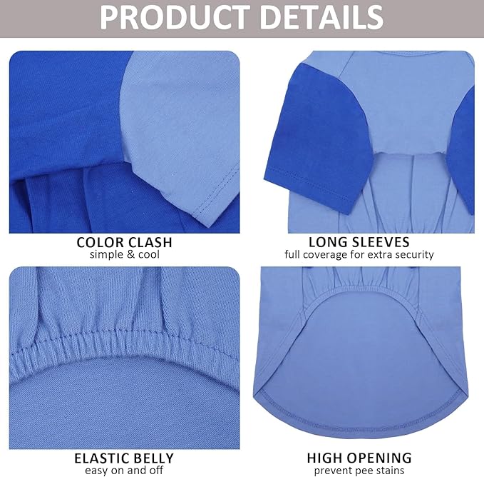 2 Pack Large Dog Shirts for Summer - Stretchy Breathable Cotton Dogs T-Shirt, Protect Skin Easy On and Off Dogs Clothes for French Bulldog, Pug, Daily Wear, Park, Travel, Beach Trips, Blue