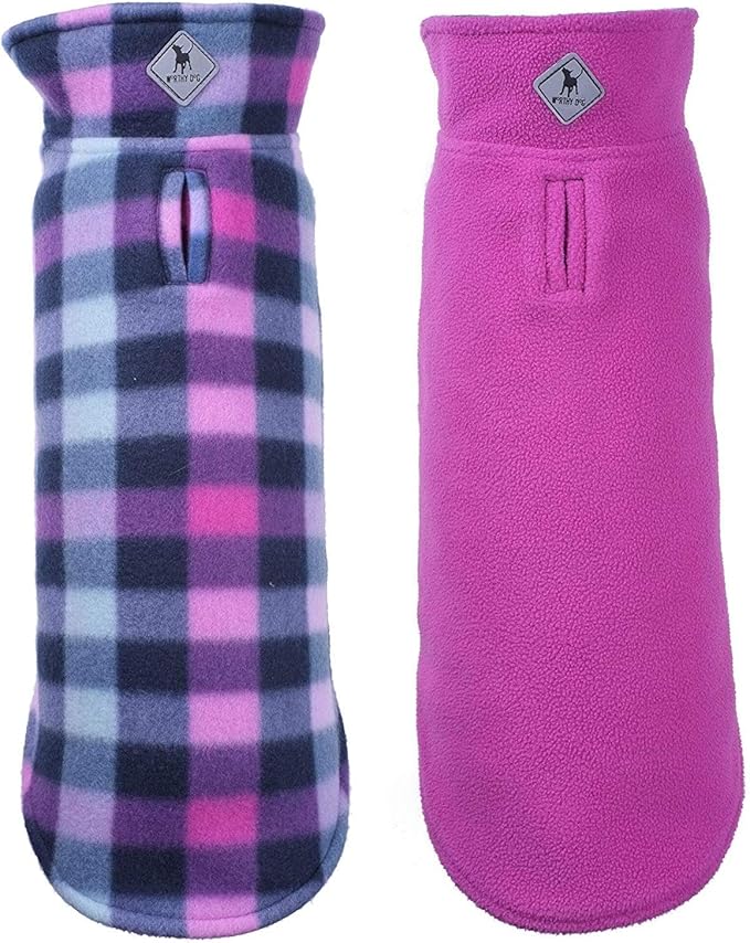 The Worthy Dog Fargo Fleece Check Dog Jacket, Adjustable Reversible with Harness Hole, Wind-Resistant, Winter Outdoor Clothes for Pets, Purple - 18''