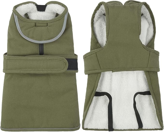 Kuoser Canvas Dog Coat, Warm Dog Jacket Reflective Fleece Pet Cold Weather Coat, Warm Doggie Clothes Waterproof Winter Vest with Zipper Leash Hole for Small Medium Large Dogs, Army Green M
