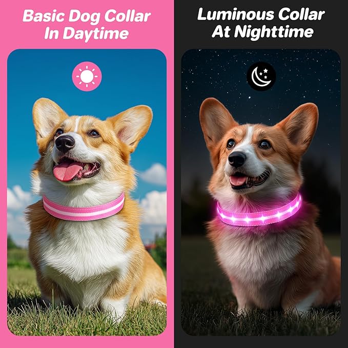 PcEoTllar Light Up Dog Collars, Led Dog Collar, Rechargeable, Night Walking, Waterproof, Glow in The Dark Dog Collars Light for Large Small Medium Dogs, Pink l