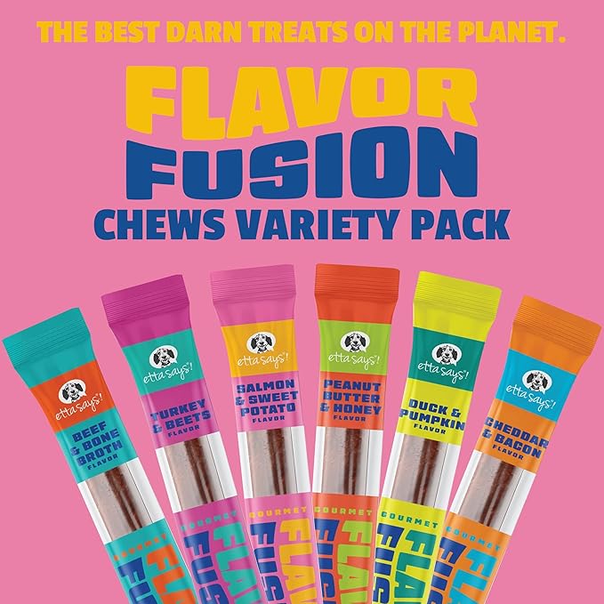etta says! Flavor Fusion Natural Dog Chews, Variety Pack - Made in The USA - Delicious, Rawhide-Free Treats for Dogs - Supports Dental Hygiene - Contains 6 Flavors - 12 Pack