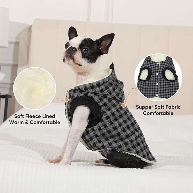 Fleece Lining Dog Hoodie for Large Dogs Extra Warm Plaid Sweater with Drawstring Hooded Coats in Winter Doggie Jacket,Black XXL