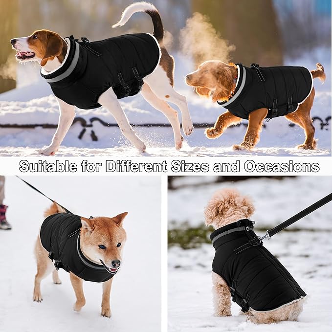 Dogcheer Dog Coat, Waterproof Dog Jacket with Harness, Reflective Adjustable Winter Coat with Zipper, Christmas Pet Snow Jacket Clothes for Small Medium Large Dogs - Black 2XL