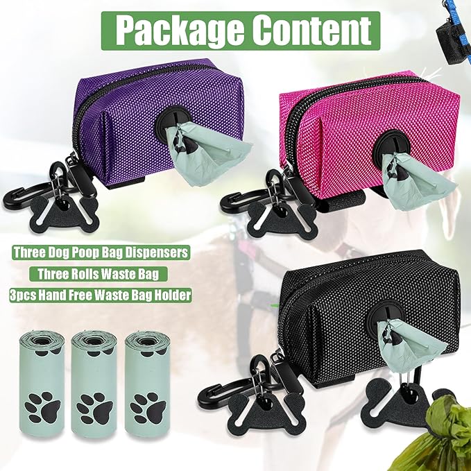 Dog Poop Bag Waste Bag Dispenser Dog Poop Bag Dispenser for Leash Accessory Dog Poop Bag Holders Fits Dog Leash with Hand Free Holder & Bag, No1680pjdz (Black&Purple&Pink, Black&Purple&Pink)