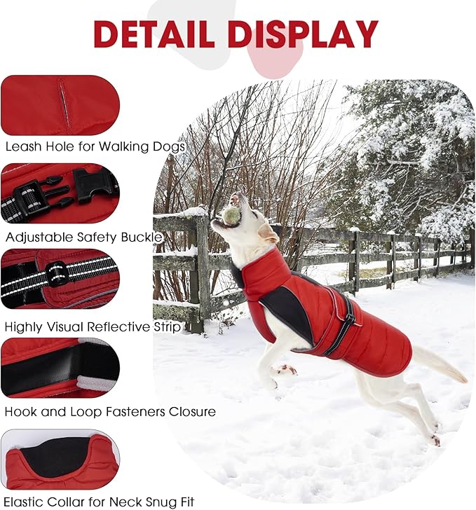 Nanaki Large Dog Coats for Winter Waterproof, Warm Fleece Lining Reflective Large Dog Jacket with Leash Hole,Furry Collar Cold Weather Puppy Jacket Outdoor Walking Hunting Easy On Pet Snow, Red 2XL