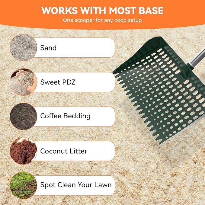 Chicken Poop Scooper & Rake 2-in-1, Pooper Scooper with 13in Wider PP Head & Adjustable Stainless Steel Handle, 33''-69'' Sand Sifting Shovel Litter Scooper for Chicken Coop/Small Farm Animals