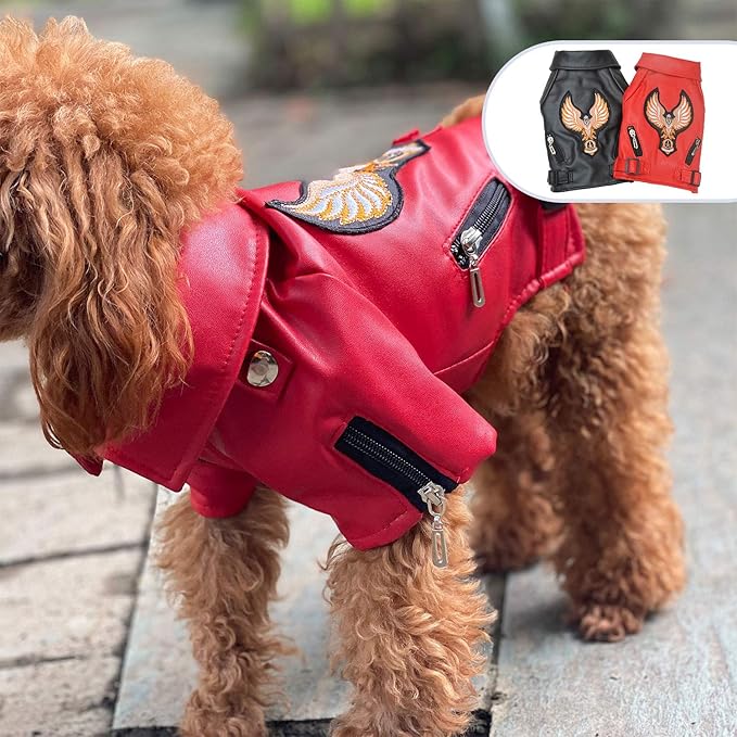 Lovelonglong Cool Dog Leather Jacket, Warm Coats Dogs Windproof Cold Weather Coats for Large Medium Small Dogs with Eagle Embroidery Red L-M