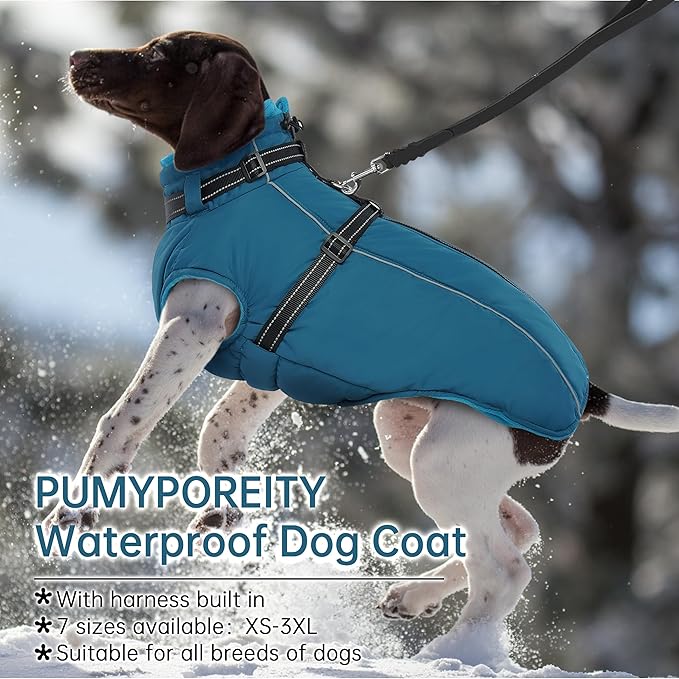 PUMYPOREITY Winter Fleece Coat for Small Dogs, Reflective Dog Jacket with Harness Built in, Waterproof Warm Coat for Dogs, Cold Weather Coats for Outdoor, Therma Windproof Pet Snowsuit, Blue, S