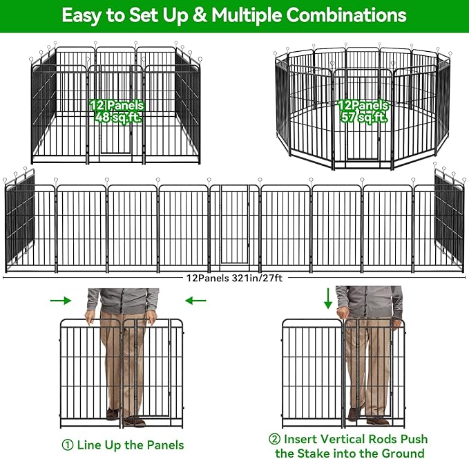 Square Steel Pipe Dog Fence Outdoor 12 Piece Panels 47" Height Anti-Rust Heavy Duty Dog Playpen with Doors Portable for Yard RV Camping, Total 27FT, 57 Sq.ft, Snowy Black