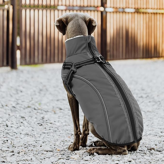 Dog Winter Coat with Harness Built in Warm Puffer Dog Jackets for Small Medium Large Dogs Windproof Waterproof Outfit with Plush Lining and Reflective Stripes (Grey, S)
