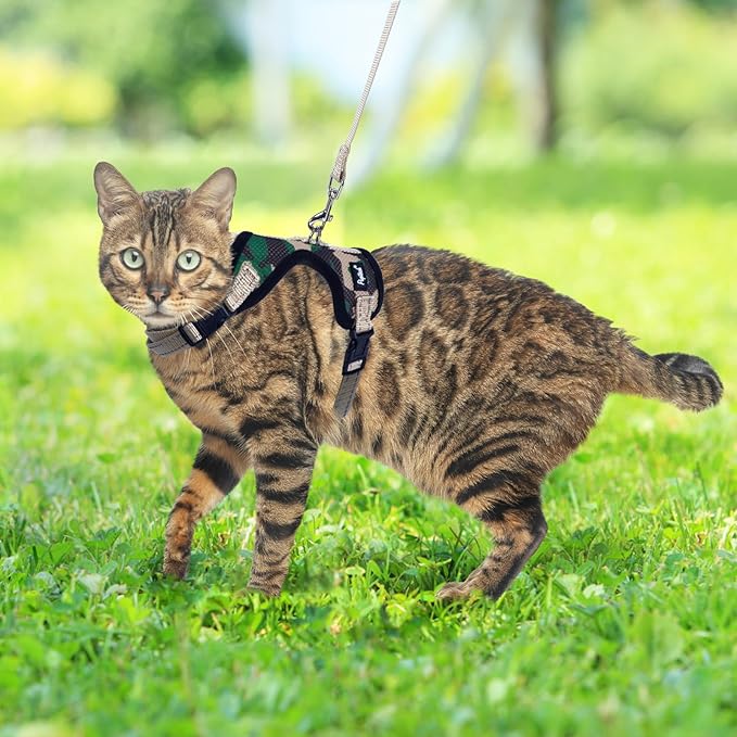 PUPTECK Cat Harness and Leash Set Escape Proof, Reflective Adjustable Soft Mesh Kitten Vest Harness for Walking Travel, Camouflage, S