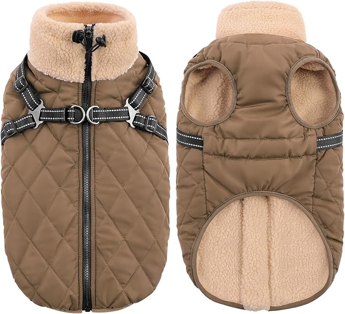 Queenmore Dog Jackets for Medium Dogs, Dog Coat with Harness Built in, Waterproof Pet Winter Coat with Zipper On Back Doggy Snowsuits Warm Soft Pet Jacket for French Bulldog, Poodle, Corgi, Brown M