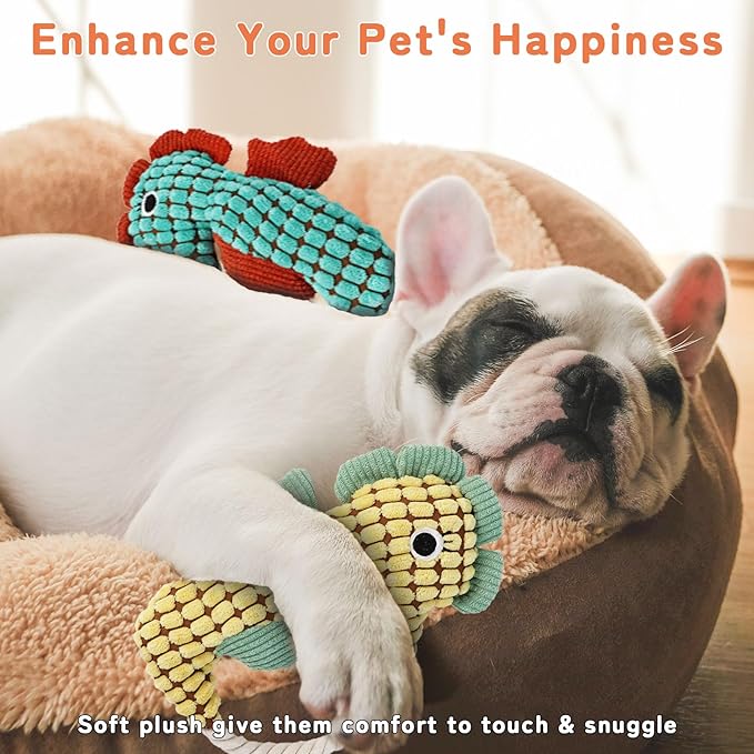 Crinkle Dog Toys Squeaky Plush No Stuffing Cute Puppy Stuffless Tough Rop Pull Toy, Fun Dog Stuffed Animals Durable Chew Set for Small Medium Large Pup (Large, Yellow+Green Seahorses)