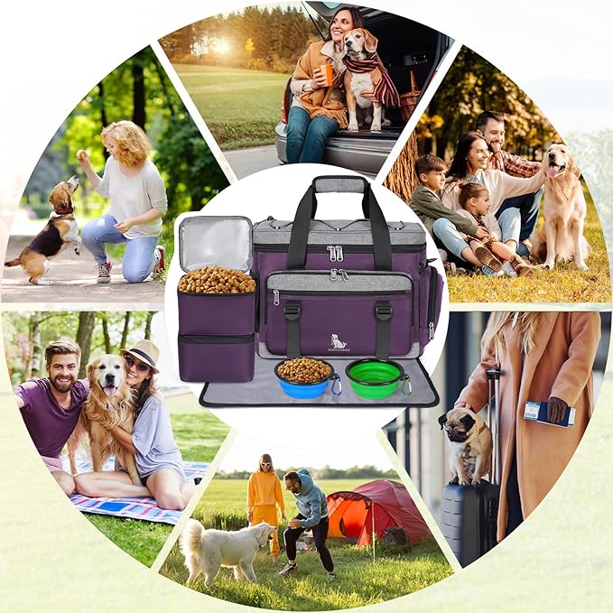 IGOLUMON Dog Travel Bag Large Pet Travel Bags Set for Supplies Weekend Travel Kit Tote Organizer Multi-Pockets Dog Food Travel Bag with 2 Large Food Containers, 2 Dog Bowls, 1 Feeding Mat, Purple