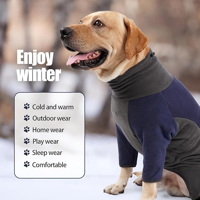 Dog Winter Coat - Warm Fleece Jacket, Windproof Pullover Jumpsuit, Fullbody Pajamas Onesie for Medium Large Dogs (Large, Blue)