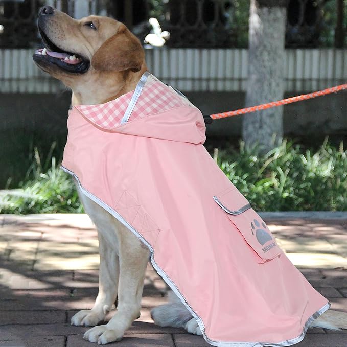 MAMORE Dog Raincoat Reversible,Waterproof Dog Rain Coat Hooded Slicker Poncho with Reflective Strip, Plaid Double Layer Rain Jacket for Small Medium Large Dogs (Pink, Medium)