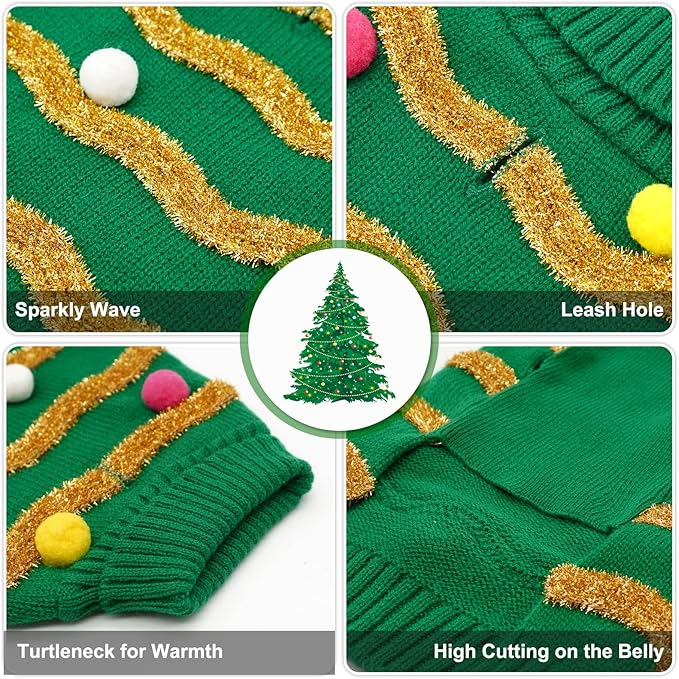 Cyeollo Dog Sweater - Christmas Turtleneck with Leash Hole, Glitter, Winter Clothes for Medium Large Dogs