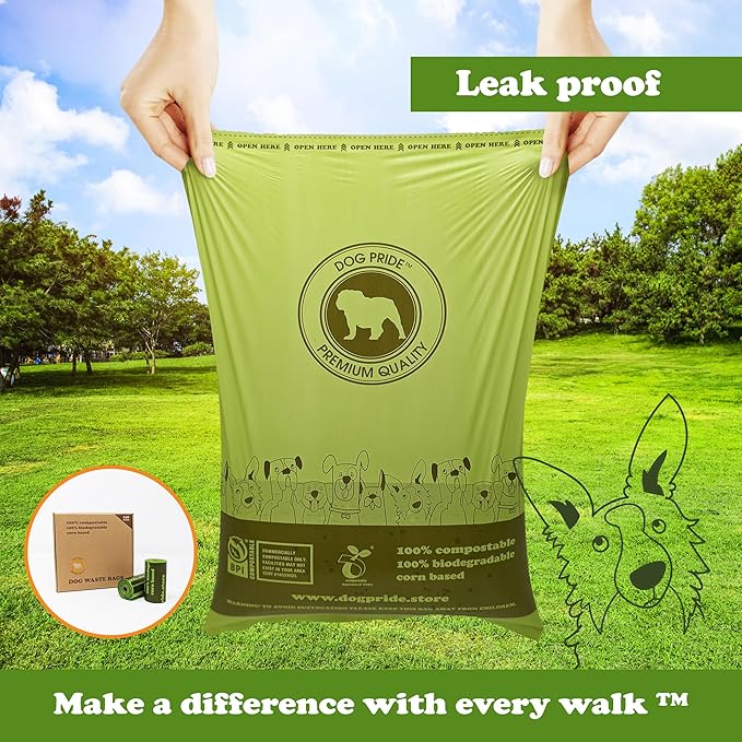 Dog Pride 240-Count Certified Compostable Dog Poop Bags, Unscented Pet Waste Bags with Handles, ASTM D6400 Eco-Friendly Disposal, 9" x 13" Leak-Resistant