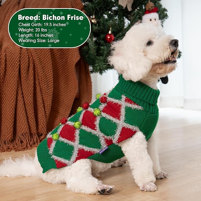 Cyeollo Large Dog Turtleneck Sweater - Christmas Green Medium Knitted Pullover for Large Dogs, Girls - Holiday Outfit
