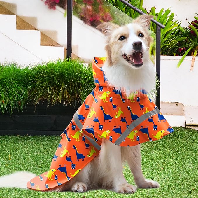 NACOCO Large Dog Raincoat Adjustable - Pet Dinosaurs Water Proof Clothes Lightweight Rain Jacket Poncho Hoodies with Strip Reflective Blue (XXL, Orange Dinosaur)