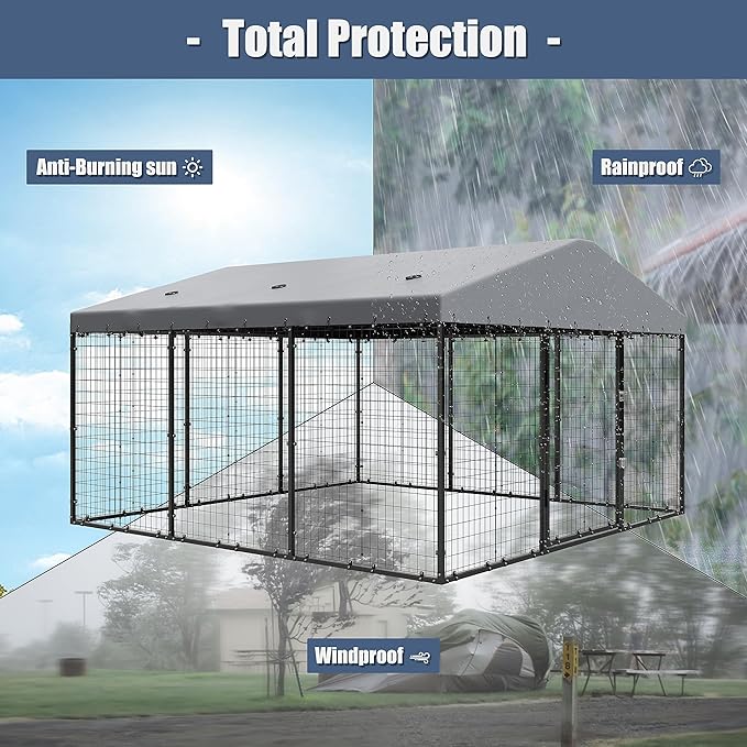 Large Dog Kennel with Roof, Outdoor Heavy Dog Cage for Big Dogs, 118x118x70.9 Galvanized Dog Fence Pen with Double Secure Locks,Weatherproof ,for Large Dogs