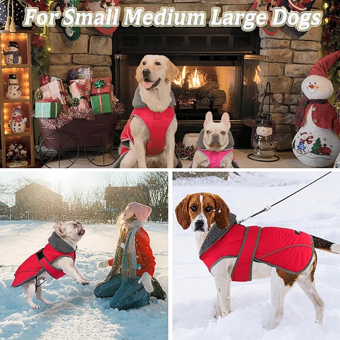 Dogcheer Dog Coat, Waterproof Dog Jacket Reflective Pet Winter Coat with Adjustable Hook & Loop, Christmas Puppy Fleece Jacket Warm Turtleneck Snowsuit for Small Medium Large Dogs - Red, L