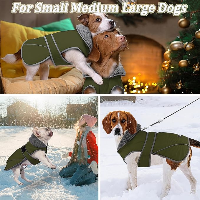 Dogcheer Dog Coat, Waterproof Dog Jacket Reflective Pet Winter Coat with Adjustable Hook & Loop, Christmas Puppy Fleece Jacket Warm Turtleneck Snowsuit for Small Medium Large Dogs - Green, M