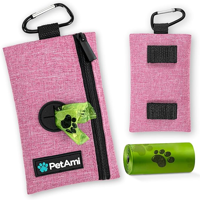 PetAmi Dog Poop Bag Holder for Leash, Dog Waste Bag Dispenser with Clip, Doggy Walking & Camping Accessories with Trash Bag Roll, Pink 1 Pack