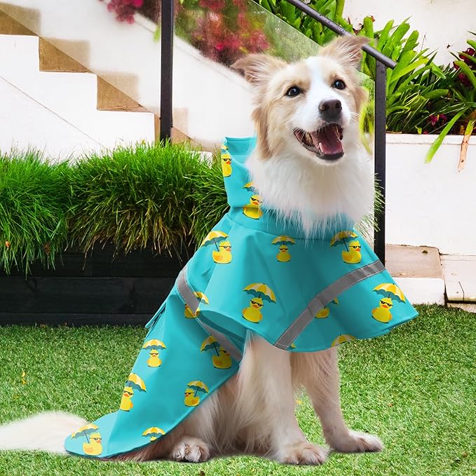 NACOCO Large Dog Raincoat Adjustable - Pet Rubber Ducks Yellow Water Proof Clothes Lightweight Rain Jacket Poncho Hoodies with Strip Reflective Pink (Lake Green M, Sunglass Duck)
