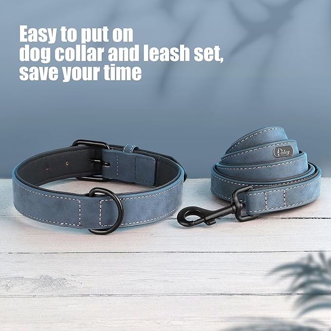 Didog Soft Padded Leather Dog Collar and Leash Set, Adjustable Dog Leash and Collar Set with Metal Buckle, Breathable Dog Collars with 4FT Faux Leather Dog Leash for Small Medium Large Dogs, Blue, XL