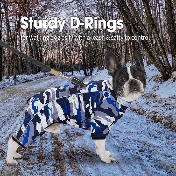 Four Legged Dog Winter Coat for Small Dogs, Warm Puppy Onesie Clothes Christmas, Reflective Turtleneck Dog Jacket with Buckles & D-Rings, Puffer Cold Weather Coat Zipper