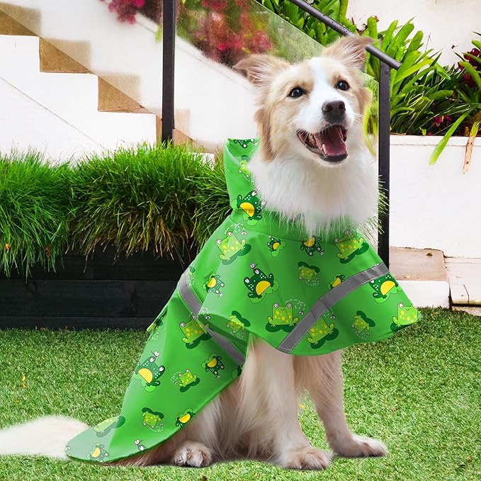 NACOCO Large Dog Raincoat Adjustable - Pet Frog Water Proof Clothes Lightweight Rain Jacket Poncho Hoodies with Strip Reflective Green (2XL, Green Frog)