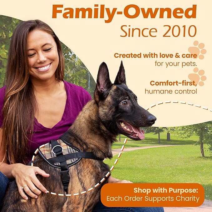 Bark Appeal Tan Plaid No-Pull Dog Harness for Large to Extra Large Sized Pets – Adjustable, Reflective Vest with 3 Leash Clips for Added Control, Easy Walks & Training – XL