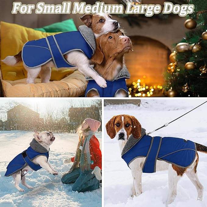 Dogcheer Dog Coat, Waterproof Dog Jacket Reflective Pet Winter Coat with Adjustable Hook & Loop, Christmas Puppy Fleece Jacket Warm Turtleneck Snowsuit for Small Medium Large Dogs - Blue, M