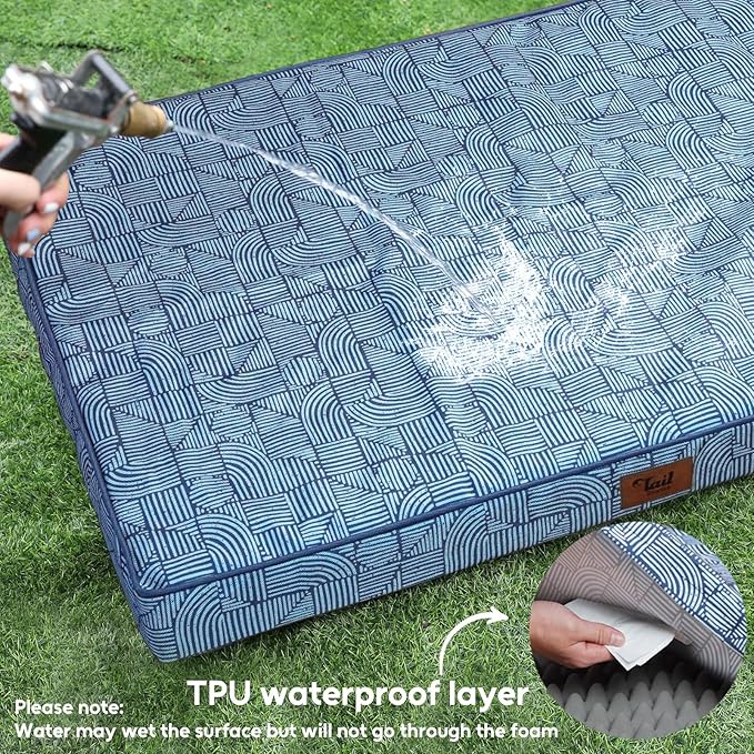Outdoor Orthopedic Dog Bed for Medium Dogs & Cats, Waterproof Flat Pet Mat with Egg Crate Foam & Washable Removable Oxford Cover, 30x20 Inch, White Blue